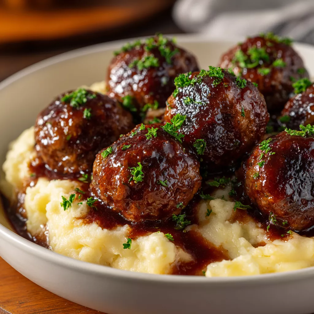 Salisbury Steak Meatballs With Garlic Herb Mashed Potatoes Recipe