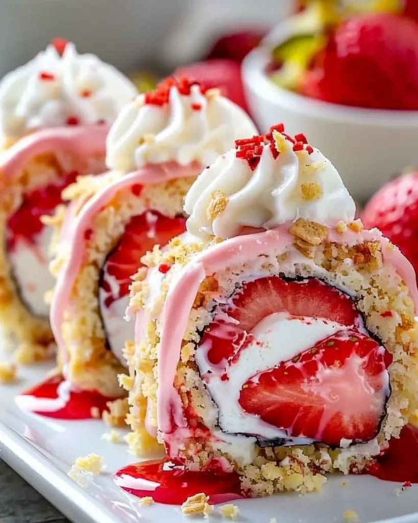strawberry shortcake cheesecake dessert sushi rolls