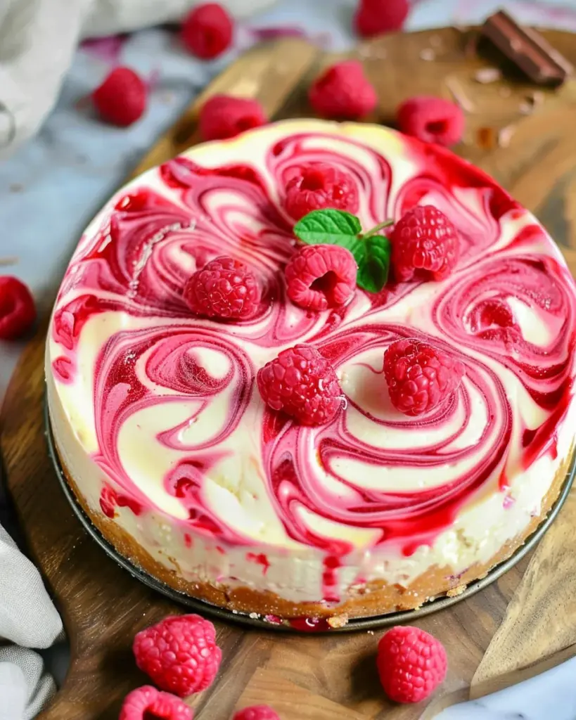 White Chocolate Raspberry Swirl Cheesecake