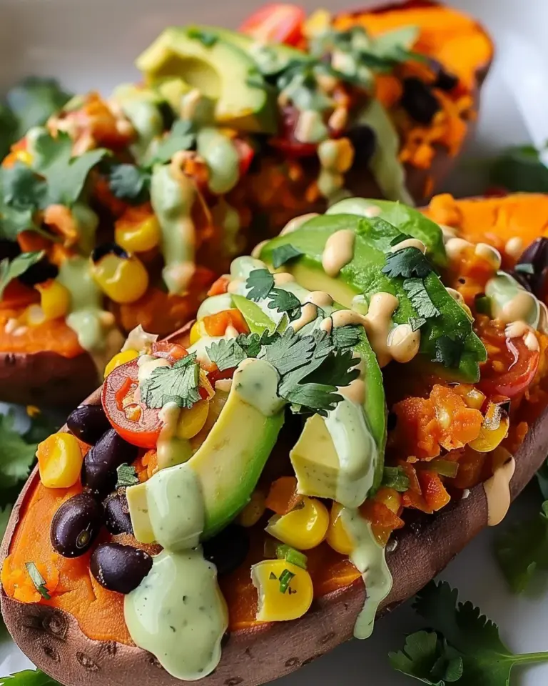 Stuffed Sweet Potato with Avocado, Black Beans & Cilantro Lime Crema