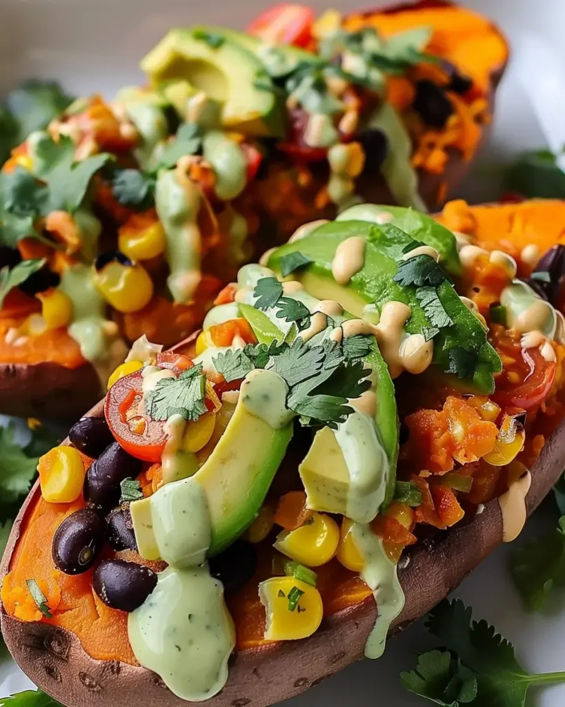 Stuffed Sweet Potato with Avocado, Black Beans & Cilantro Lime Crema