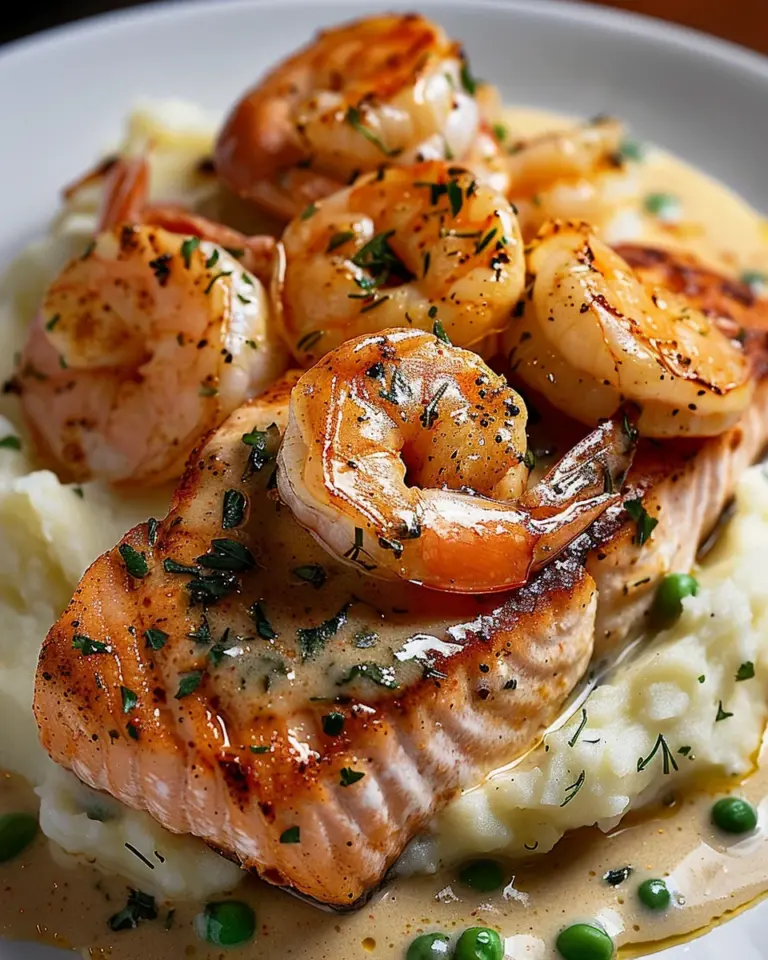 Cajun Shrimp and Salmon with Garlic Cream Sauce, Mashed Potatoes, and Green Beans: A Flavor-Packed Dinner to Impress