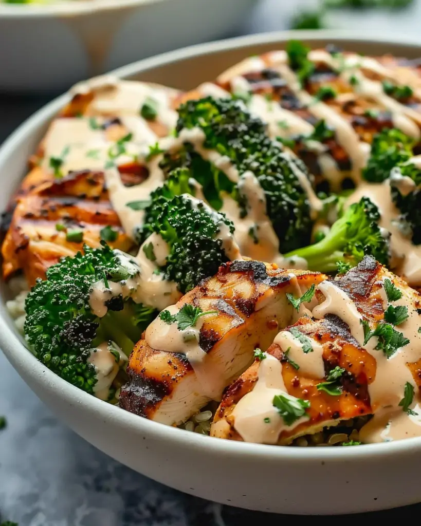 Grilled Chicken & Broccoli Bowls with Creamy Garlic Sauce