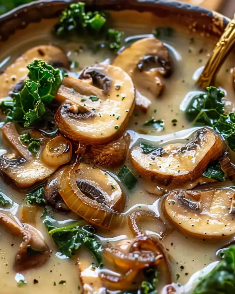 Wild Mushroom, Caramelized Onion and Kale Soup