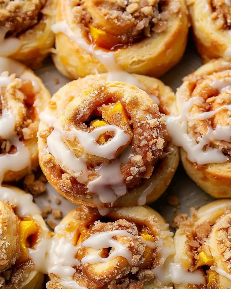 Peach Cobbler Cinnamon Rolls with Crumb Topping