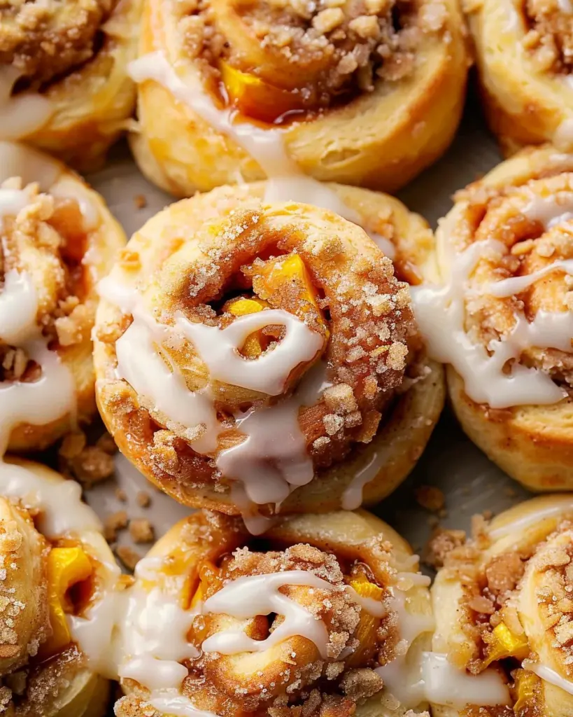 Peach Cobbler Cinnamon Rolls with Crumb Topping