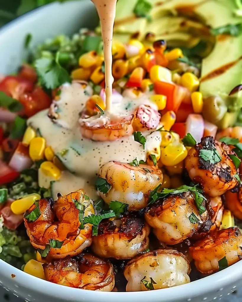 Grilled Shrimp Bowl with Avocado, Corn Salsa & Creamy Garlic Sauce: An Incredible 7-Ingredient Recipe