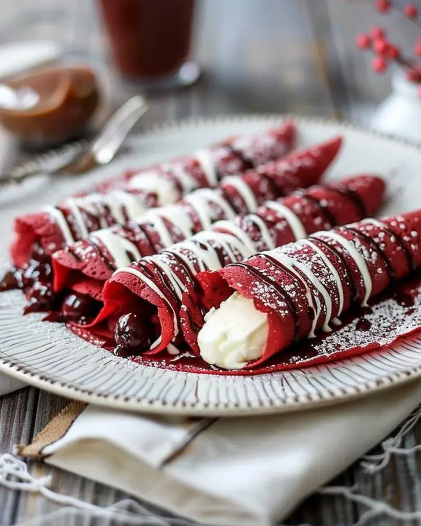 RED VELVET CREPES WITH RASPBERRY & SWEET CREAM CHEESE FILLING