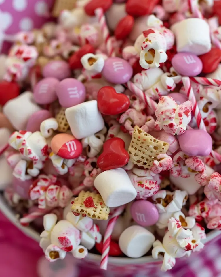 Valentine’s Day White Chocolate Popcorn Muddy Buddy Snack Mix