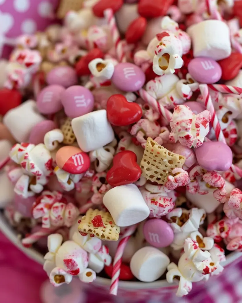 Valentine’s Day White Chocolate Popcorn Muddy Buddy Snack Mix