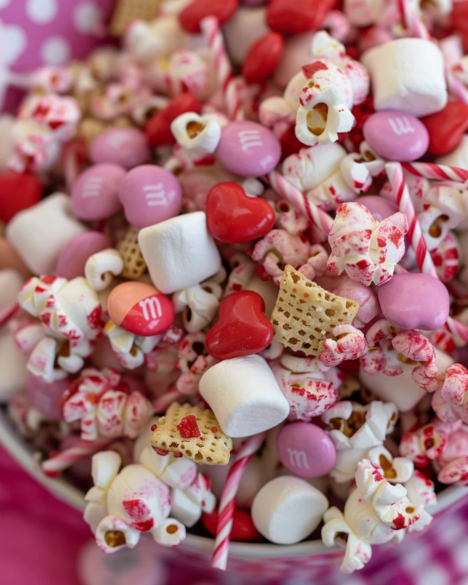 Valentine’s Day White Chocolate Popcorn Muddy Buddy Snack Mix