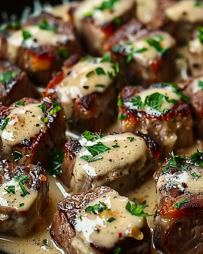 Tender Steak Bites in Garlic Butter with Creamy Parmesan Sauce