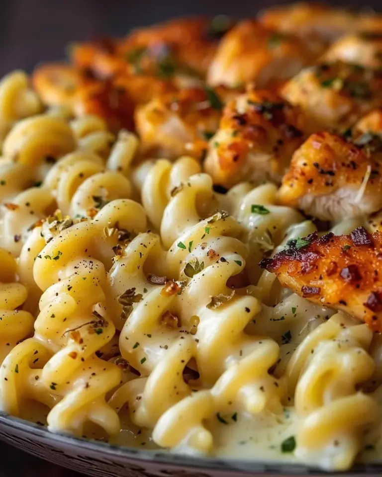 Cheesy Alfredo Twisted Pasta with Golden Garlic Butter Chicken in Creamy Sauce