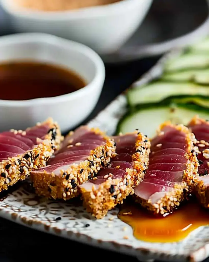 Seared sesame crusted tuna with orange ginger soy sauce