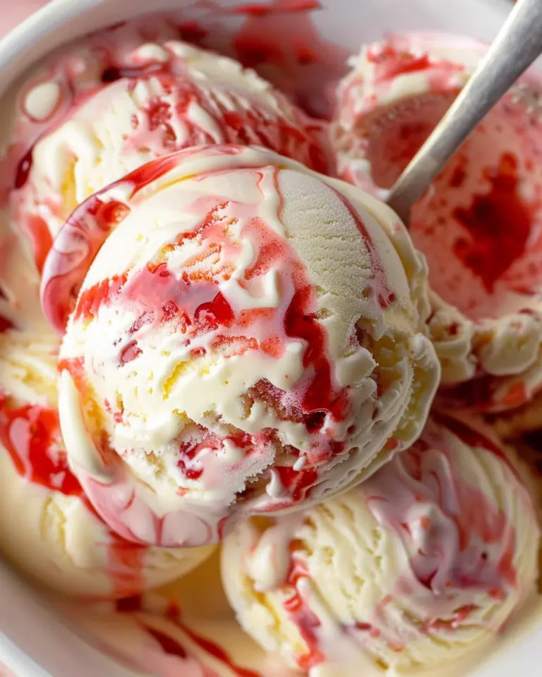 Mascarpone Ice Cream swirled with Strawberry Sauce