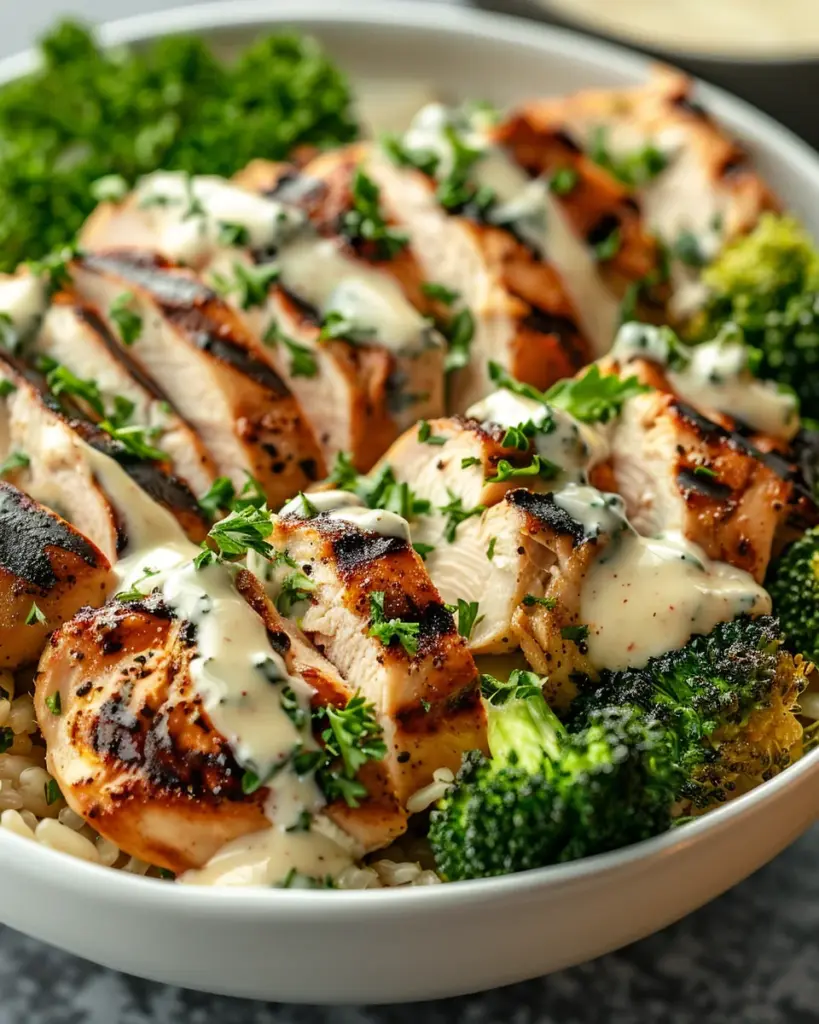 Grilled Chicken & Broccoli Bowls with Creamy Garlic Sauce