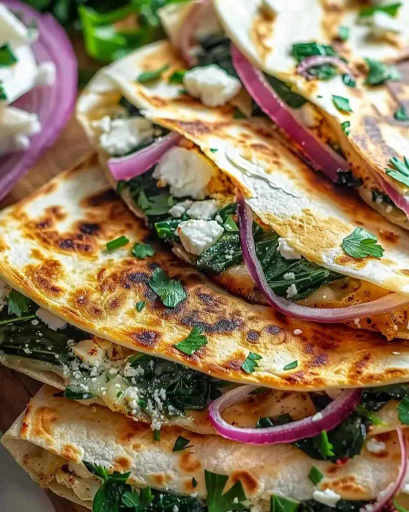 Mediterranean Quesadillas with Spinach Feta Mozzarella and Red Onion