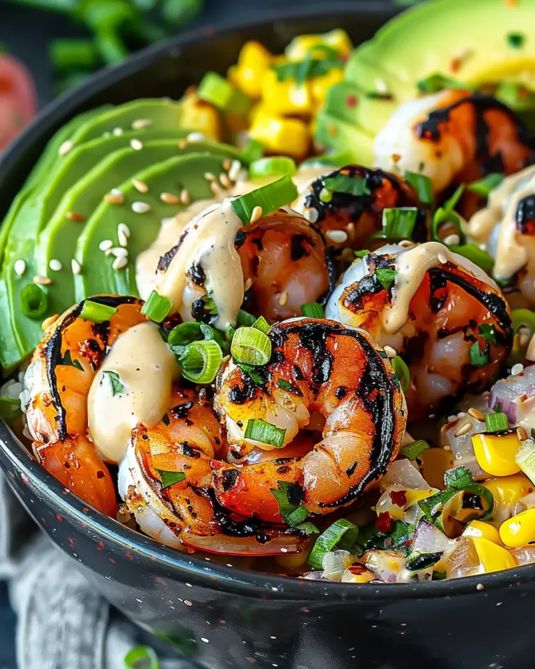 Grilled Shrimp Bowl with Avocado, Corn Salsa & Creamy Garlic Sauce