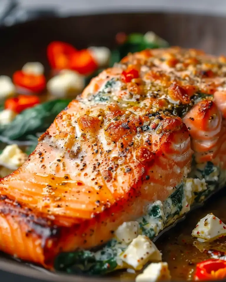 Simple Baked Stuffed Salmon with Spinach and Feta